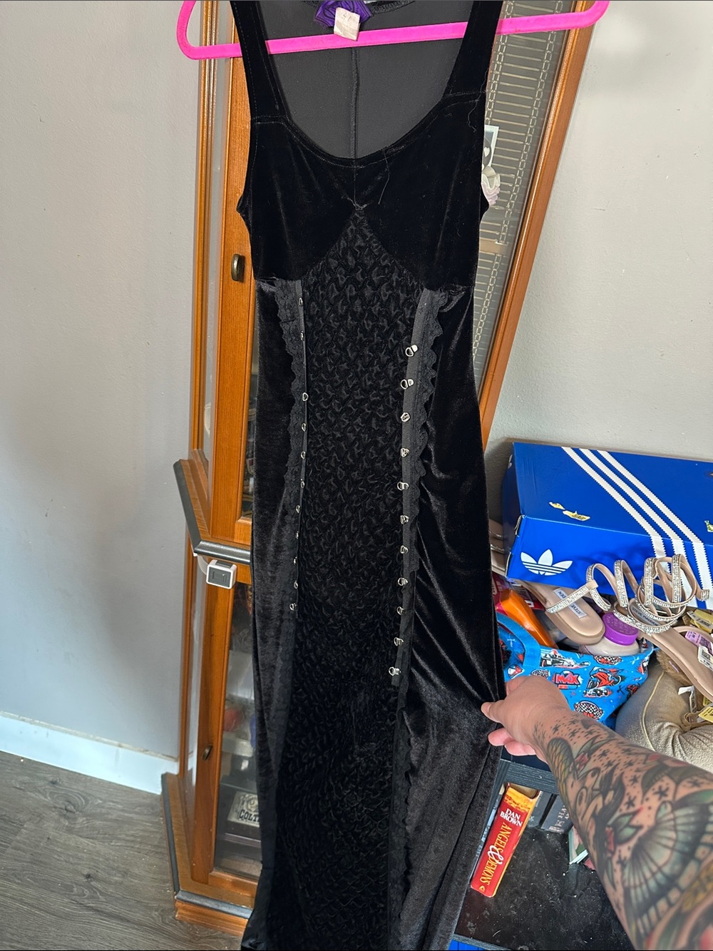 Black Velvet Maxi Dress with Textured Center Panel